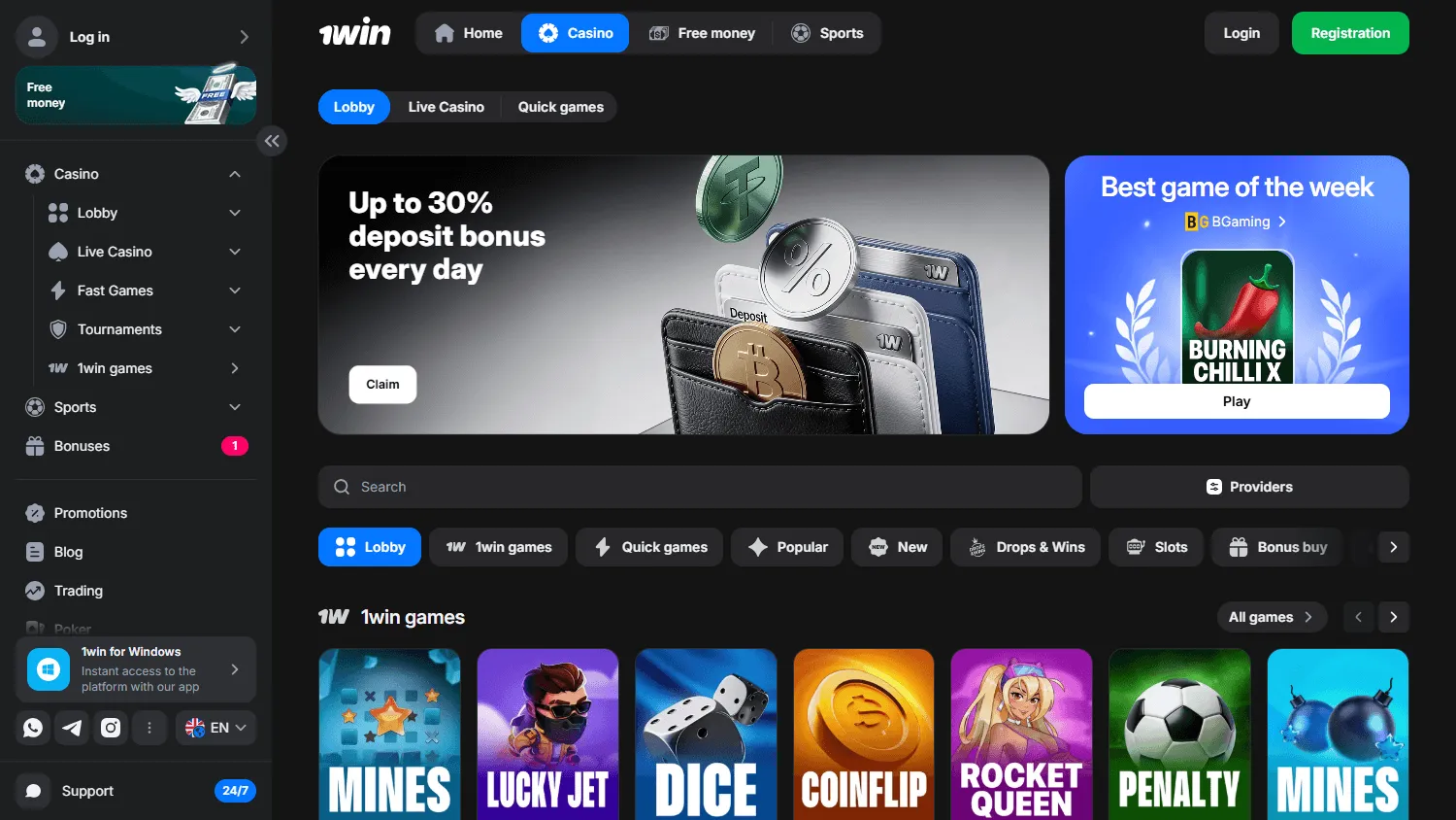 1win Casino desktop games area with slots and casino game types