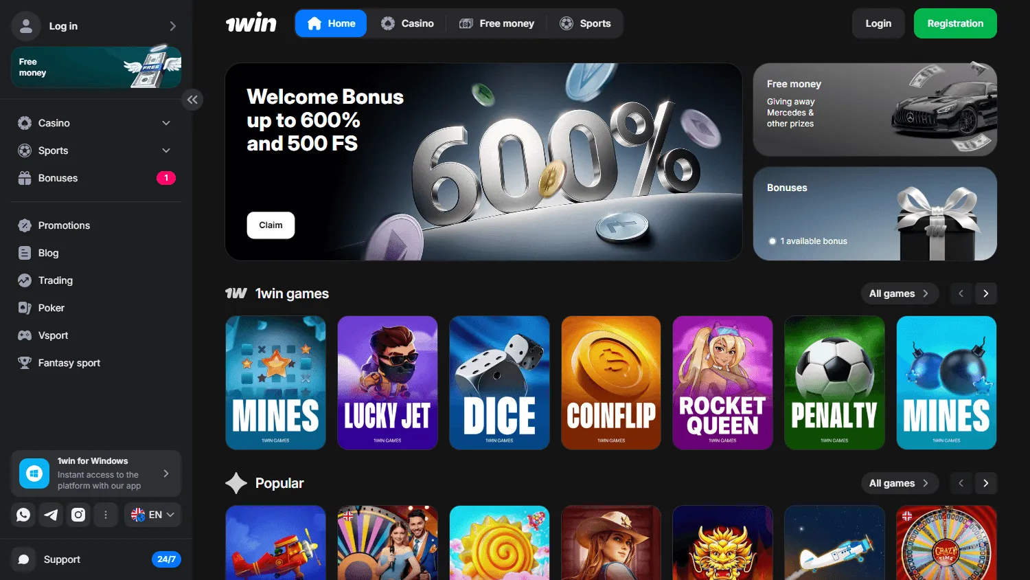 1win Casino desktop home with the welcome offer