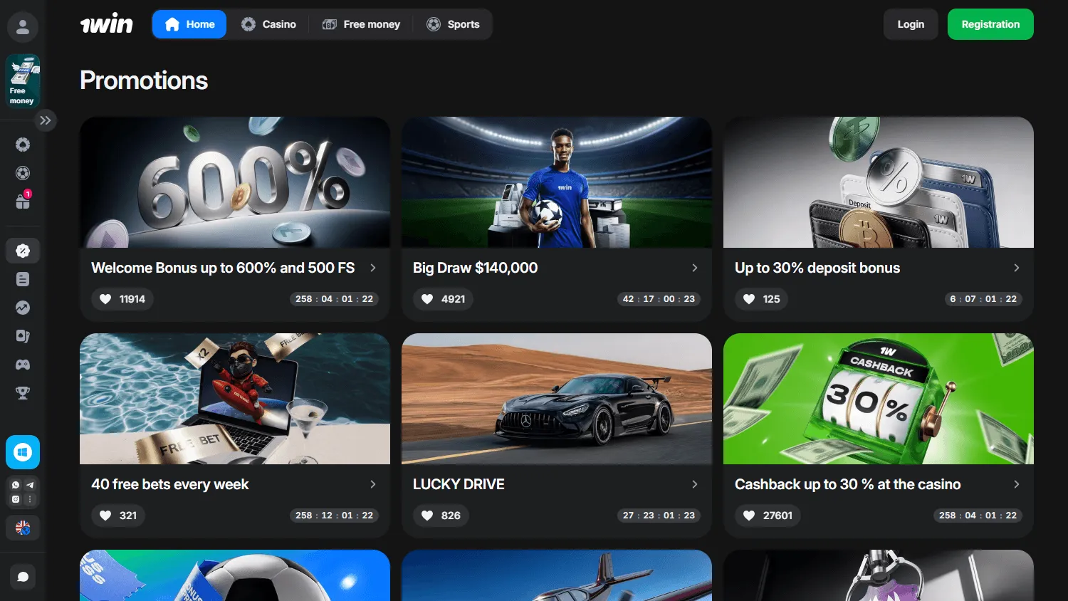 1win Casino desktop promotions area with bonus offers