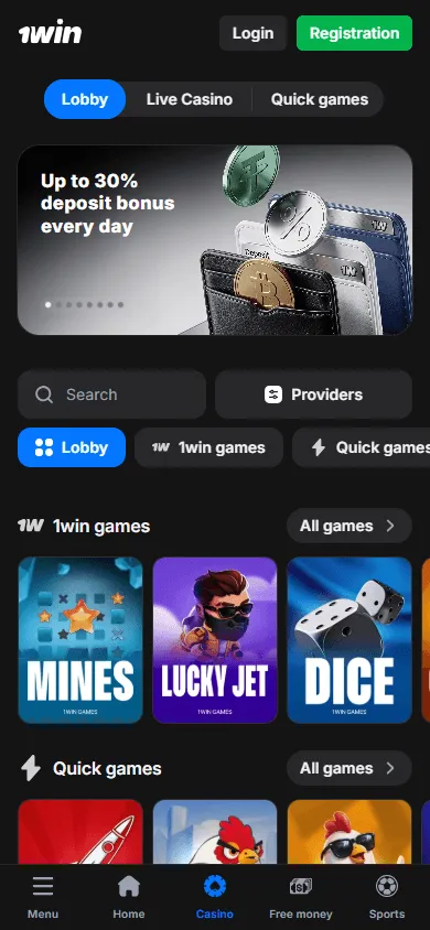 1win Casino mobile games area with casino and live game options