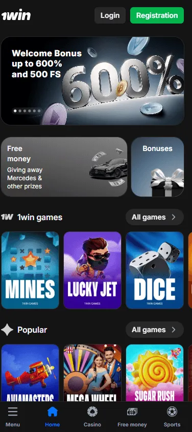 1win Casino mobile home with access to the casino account