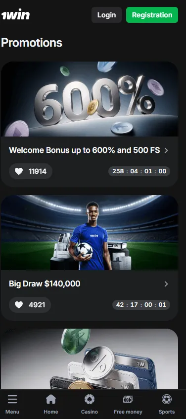 1win Casino mobile promotions area with bonus offers